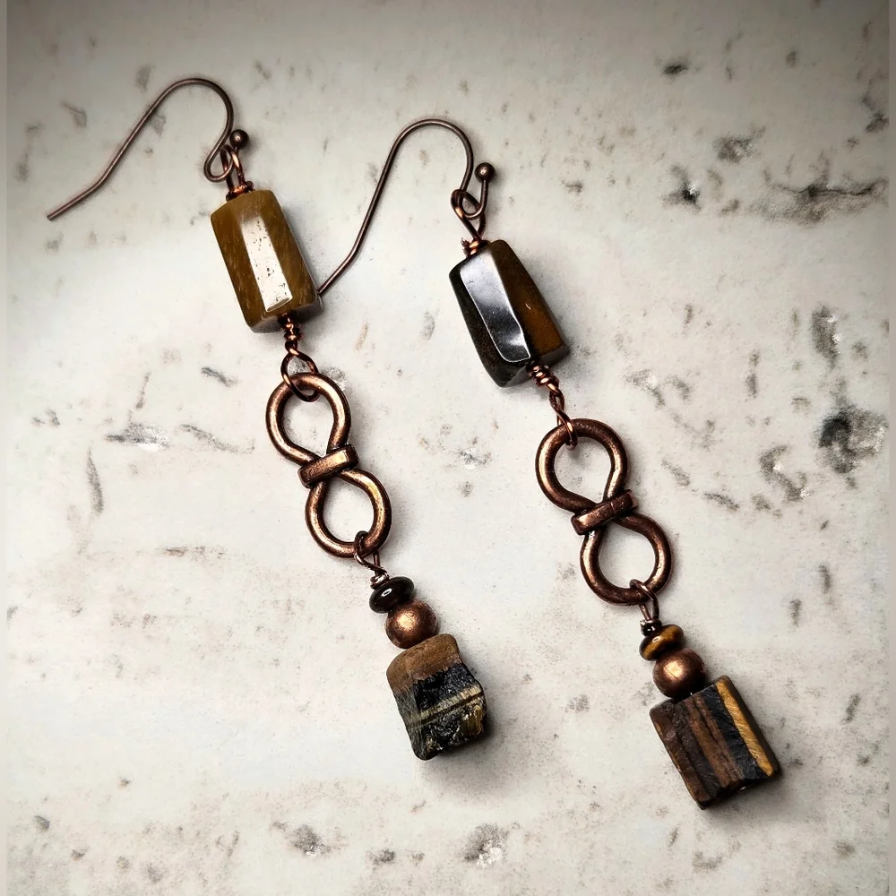Primitive Chic Natural Tiger's Eye In Handmade Artisan Antique Copper Earrings - Picture 3 of 11